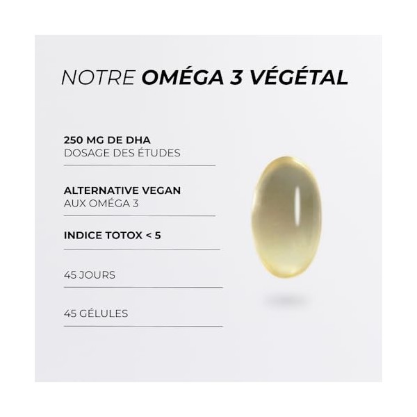 Omega 3 Vegan - CUURE - Huile dAlgues Marines - 45 Jours - Oméga 3 riches en DHA & EPA - 45 Gélules - Concentration, Vision,