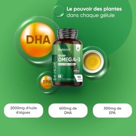 Omega 3 Vegan Huile Dalgue - 2000mg/2 Gélules Omega 3 Dha Epa naturel - Haute Concentration - Cerveau, Coeur, Vision, Tensio