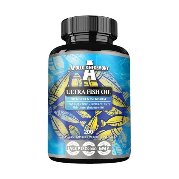 Ultra Fish Oil 1000mg, 200 Softgel Capsules, High Dose Omega 3 with 500mg EPA and 250mg DHA, 6 months supply, Fatty Acids EF