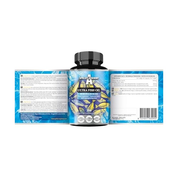 Ultra Fish Oil 1000mg, 200 Softgel Capsules, High Dose Omega 3 with 500mg EPA and 250mg DHA, 6 months supply, Fatty Acids EF