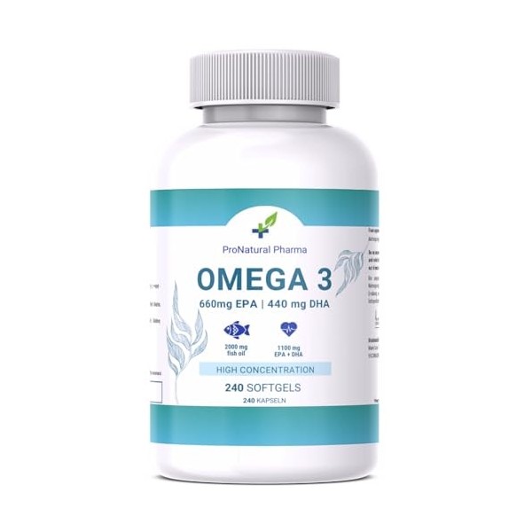 Oméga 3 2000 mg | 240 Gélules | Concentration élevée de 660 mg dEPA et 440 mg de DHA. Huile de poisson pour le cholestérol,