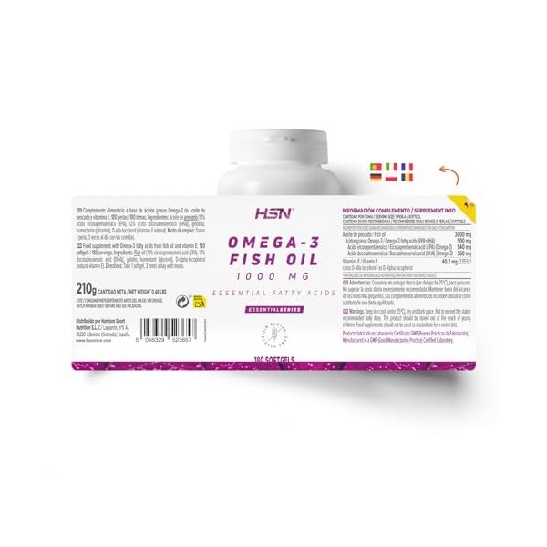 HSN Oméga 3 3000mg Huile de Poisson 540mg EPA 360mg DHA par Dose Quotidienne | 180 Capsules | Avec Vitamine E | Sans Contamin