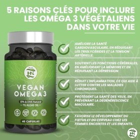 Omega 3 Vegan 40 gélules, 20 jours Huile dalgue oméga 3 équilibrée avec DHA et EPA, Omega 3 algues avec vitamine E, idéale