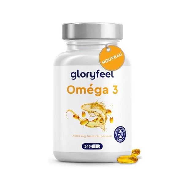 Omega 3 Gélules Hautement Dosés - 3000mg dhuile de poisson forme triglycéride - 240 gélules & vitamine E antioxydant pou