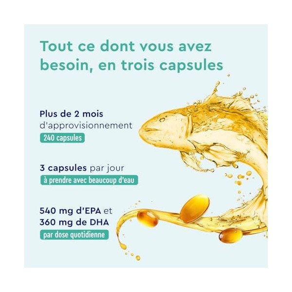 Omega 3 Gélules Hautement Dosés - 3000mg dhuile de poisson forme triglycéride - 240 gélules & vitamine E antioxydant pou
