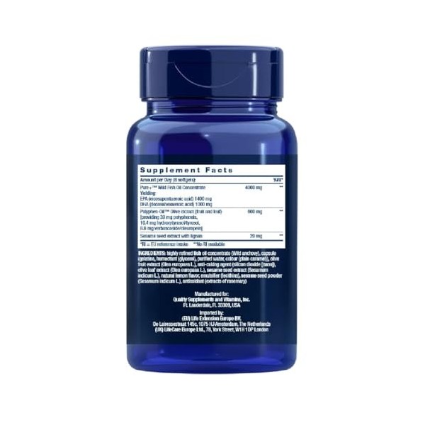 Life Extension Super Omega-3 EPA/DHA avec Sesame Lignans & Extrait dOlive, 240 Capsules molles - Complément Omega-3 de Haute