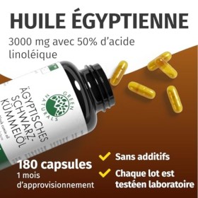 Huile de Nigelle dÉgypte 3000 mg - 50% dAcide Linoléique - 180 Gélules - 100% Naturelle, Pure et Végétalienne