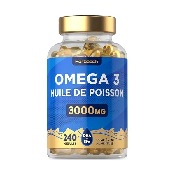 Oméga 3 Huile de Poisson 3000mg | 240 Gélules | Acides Gras Oméga 3 avec EPA et DHA | Complément Alimentaire Huile de Poisson