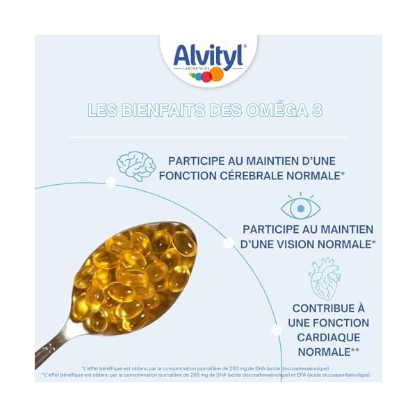 Alvityl Oméga 3 – Huile de poisson sauvage – Cœur Cerveau Vision – 60 capsules - Dès 6 ans