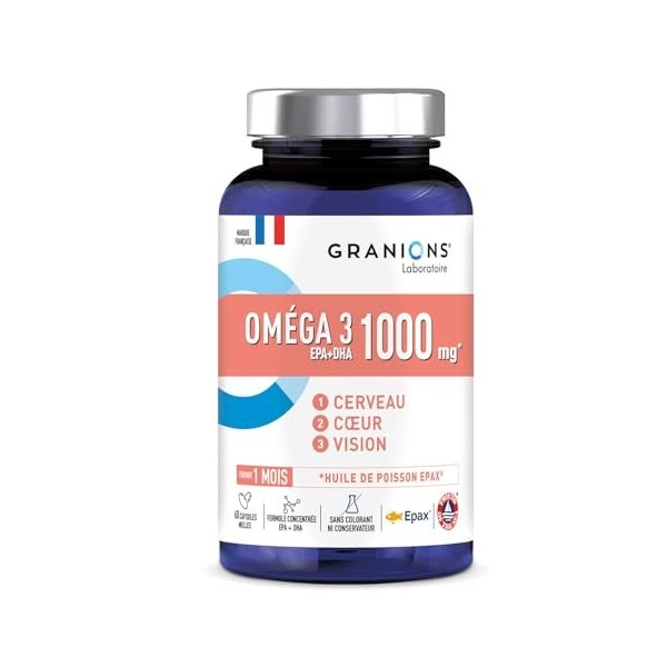 OMEGA 3 1000 mg GRANIONS | Huile de Poisson Sauvage EPAX -Haute Concentration Omega 3 DHA EPA + Vitamine E - Complément Alime