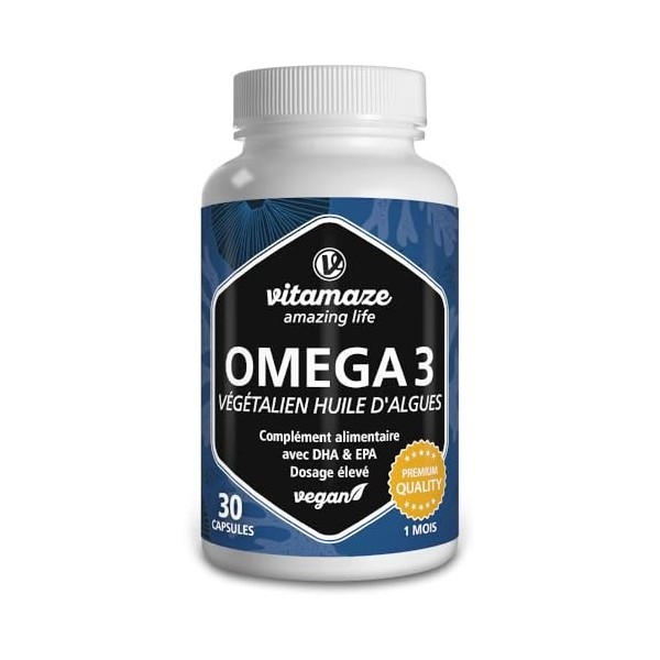 Oméga 3 Vegan Huile dAlgue de haute qualité à haute dose - 1 Capsule par Jour, 1080 mg avec 375 mg de DHA et 125 mg dEPA pe