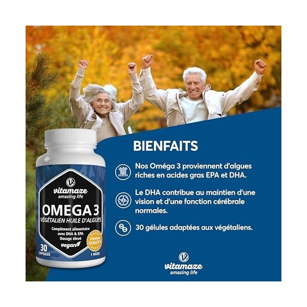 Oméga 3 Vegan Huile dAlgue de haute qualité à haute dose - 1 Capsule par Jour, 1080 mg avec 375 mg de DHA et 125 mg dEPA pe