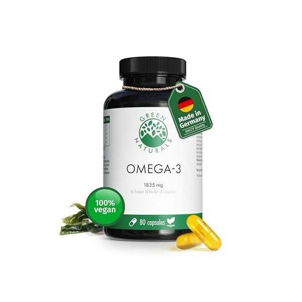 Oméga 3 Vegan - 3336 mg dHuile dAlgues - 1000 mg DHA & 500 mg EPA par Dose - Sans Métaux Lourds - 80 Capsules - Fabriqué en