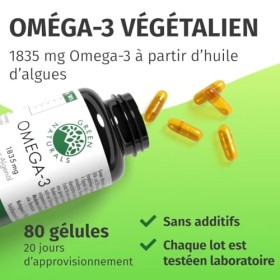 Oméga 3 Vegan - 3336 mg dHuile dAlgues - 1000 mg DHA & 500 mg EPA par Dose - Sans Métaux Lourds - 80 Capsules - Fabriqué en