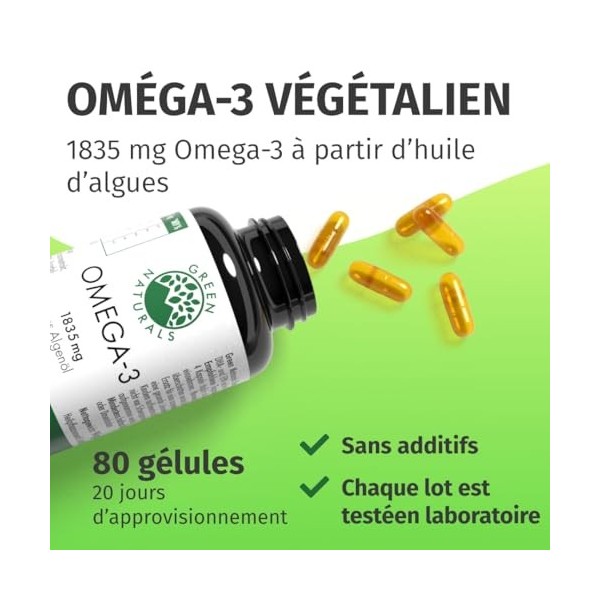 Oméga 3 Vegan - 3336 mg dHuile dAlgues - 1000 mg DHA & 500 mg EPA par Dose - Sans Métaux Lourds - 80 Capsules - Fabriqué en