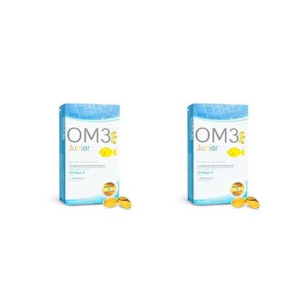 OM3 - Junior- Huile de poissons concentrée à 65% dOméga-3 et de Vitamine D-Pour enfants et adolescents- 45 capsules à avaler