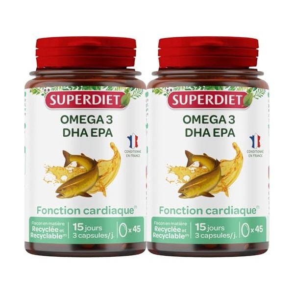 SUPERDIET® - OMÉGA 3 - DHA - EPA - Fonction cardiaque - Huile de poisson sauvage - Nutrithérapie - Conditionné en France - 45