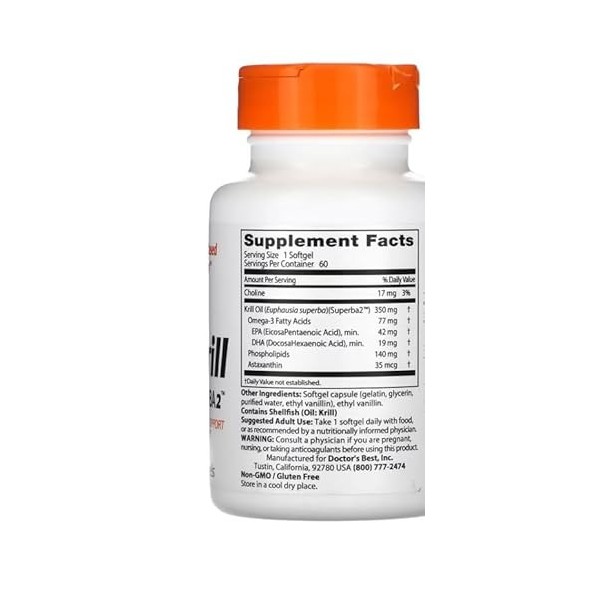 Doctors Best - Real Krill 350mg | Soutien naturel pour la santé cardiaque et articulaire - 60 capsules