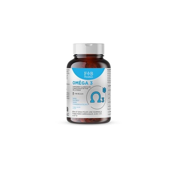FB Pharma - Complément OMEGA 3 1000mg - huile de foie de morue 180 capsules en softgel – Vitamine A et Vitamine D – contribue