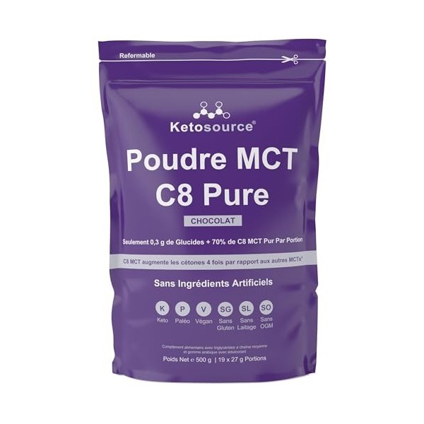 Poudre Pure C8 MCT | 4X plus de cétones que les autres MCT | Zéro glucides | Se mélange facilement | Crème Keto pour café | V