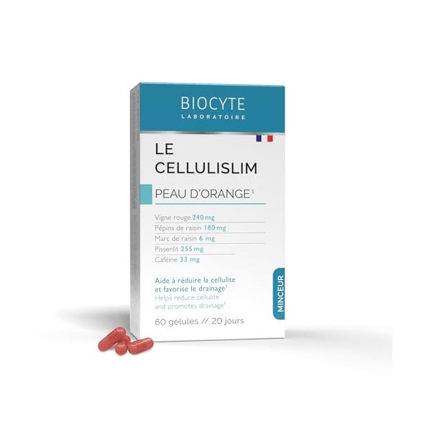 BIOCYTE Le Cellulislim - Minceur, Aide à Réduire la Cellulite, Favorise le Drainage - Vigne Rouge, Pépins de Raisin, Marc de 