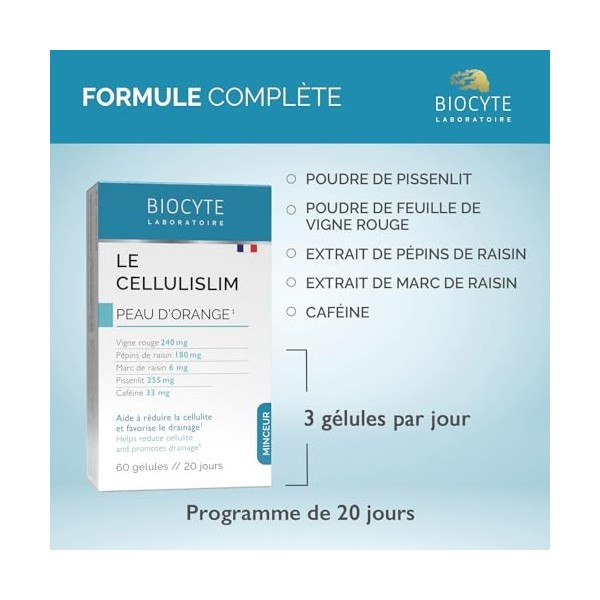 BIOCYTE Le Cellulislim - Minceur, Aide à Réduire la Cellulite, Favorise le Drainage - Vigne Rouge, Pépins de Raisin, Marc de 