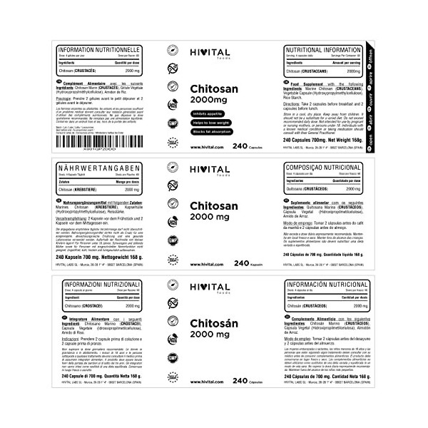 Chitosan Marin 2000 mg. 240 gélules pour 2 mois de traitement. Chitosan Naturel issu de la Chitine des Crustacés. Fibre natur