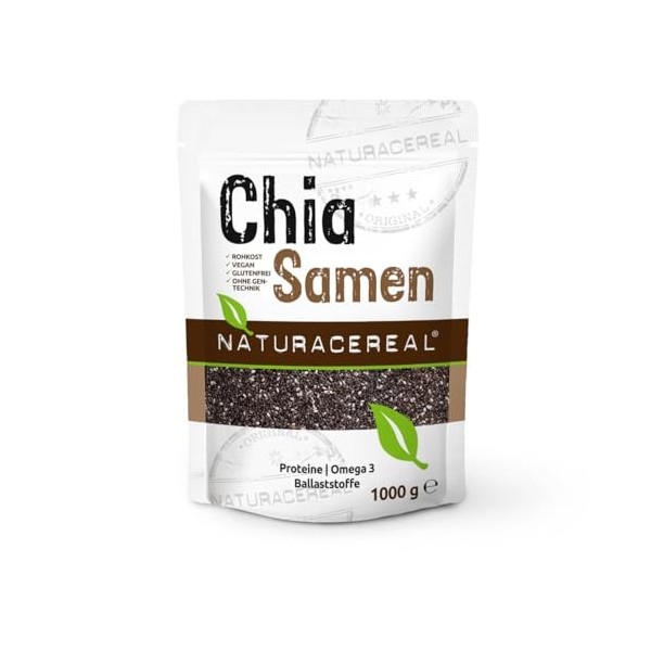 Naturacereal Graines de Chia 1kg – Riche en oméga-3, fibres et source de protéines végétales, centrale antioxydante, idéale p