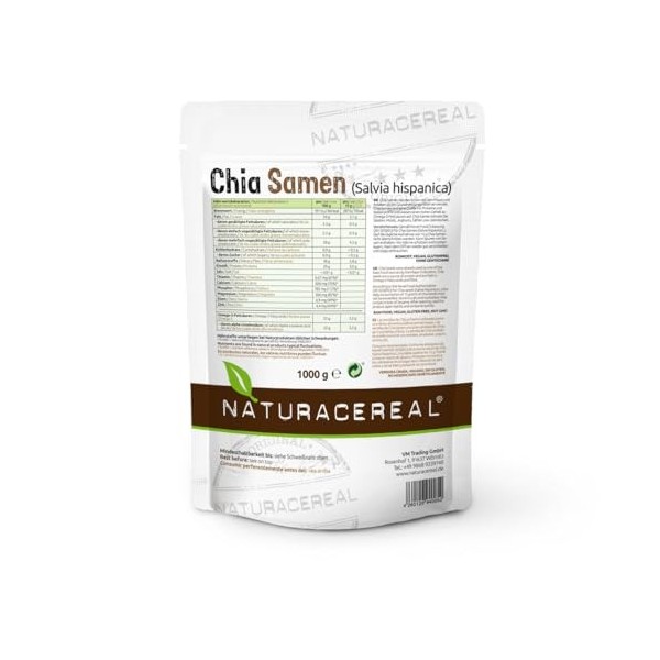 Naturacereal Graines de Chia 1kg – Riche en oméga-3, fibres et source de protéines végétales, centrale antioxydante, idéale p