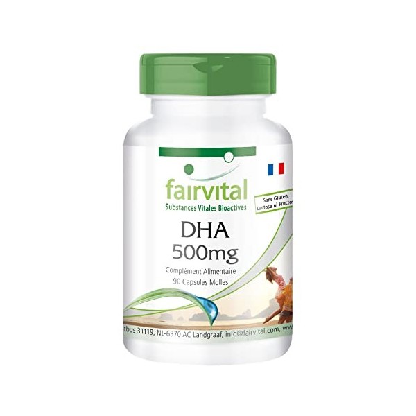Fairvital | DHA 500mg - Fortement dosé - 90 gélules - Acide docosahexaénoïque et acide eicosapentaénoïque - ! Boîte pour 3 mo