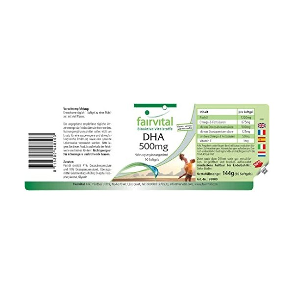 Fairvital | DHA 500mg - Fortement dosé - 90 gélules - Acide docosahexaénoïque et acide eicosapentaénoïque - ! Boîte pour 3 mo