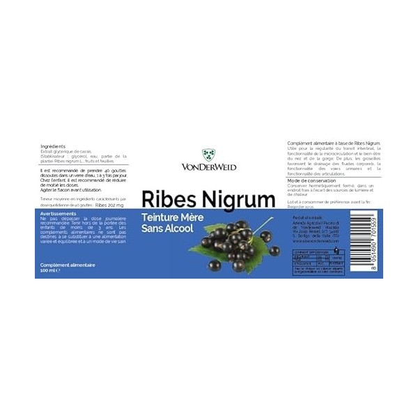 Vonderweid - Ribes Nigrum Teinture Mère sans alcool | Extrait glycériné | Gouttes de cassis | Extraction par ultrasons | Comp