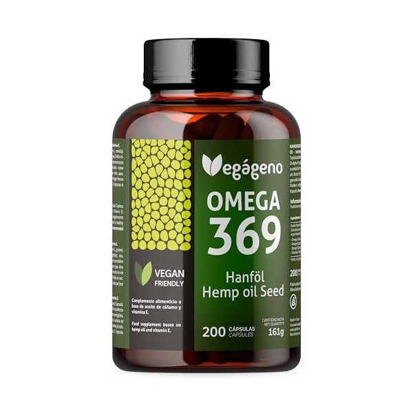 Vegageno OMEGA 3 6 9 Capsules Haute Concentration OMEGA 3 Vegan 200 Capsules Avec Vitamine E Naturelle Sans OGM Sans Gluten S