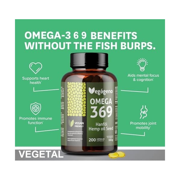 Vegageno OMEGA 3 6 9 Capsules Haute Concentration OMEGA 3 Vegan 200 Capsules Avec Vitamine E Naturelle Sans OGM Sans Gluten S