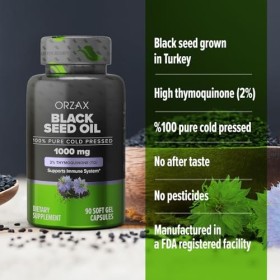 ORZAX Huile de Nigelle 1000 mg par capsule - 2% de Thymoquinone - Préssée à froid - Cheveux, Peau, Os - Riches en Omega 3, 6 