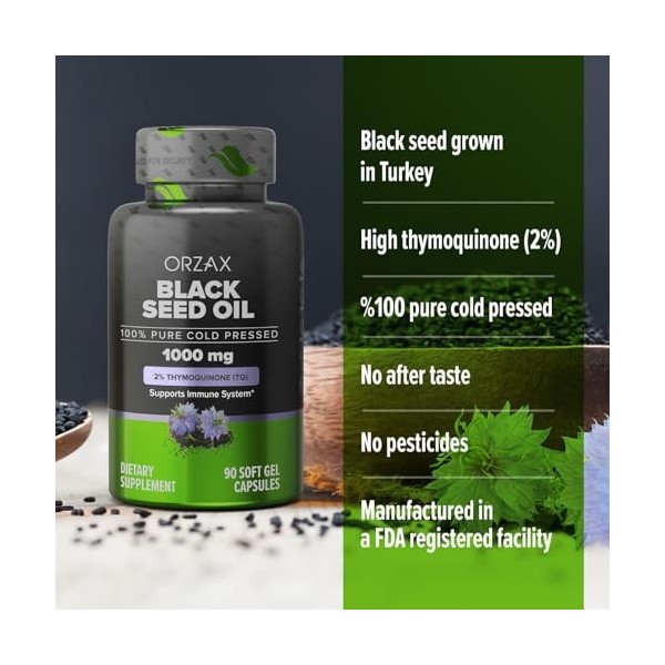 ORZAX Huile de Nigelle 1000 mg par capsule - 2% de Thymoquinone - Préssée à froid - Cheveux, Peau, Os - Riches en Omega 3, 6 