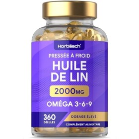 Huile de Lin Alimentaire 2000 mg | Linseed Oil | 360 gélules | Oméga 3 6 9 avec acide alpha-linolénique ALA à haute résista