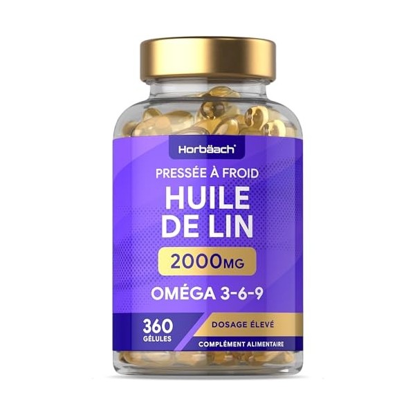 Huile de Lin Alimentaire 2000 mg | Linseed Oil | 360 gélules | Oméga 3 6 9 avec acide alpha-linolénique ALA à haute résista
