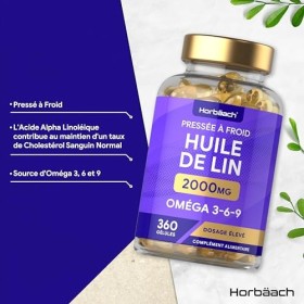 Huile de Lin Alimentaire 2000 mg | Linseed Oil | 360 gélules | Oméga 3 6 9 avec acide alpha-linolénique ALA à haute résista