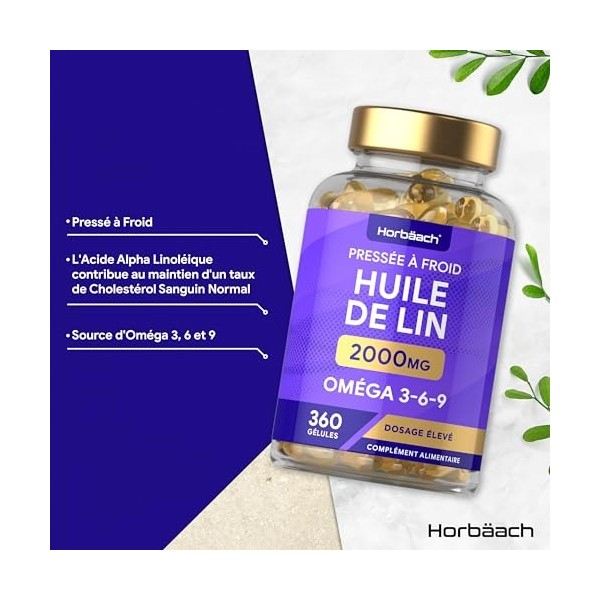 Huile de Lin Alimentaire 2000 mg | Linseed Oil | 360 gélules | Oméga 3 6 9 avec acide alpha-linolénique ALA à haute résista