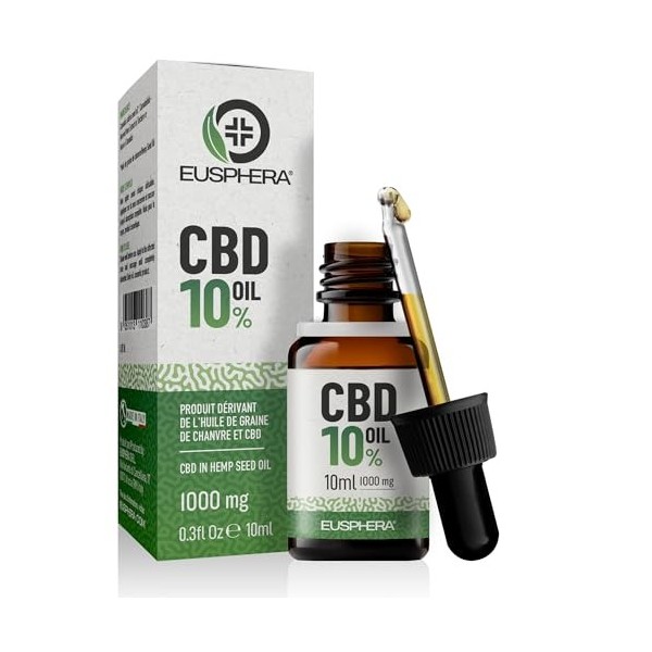 EUSPHERA - Huile de Chanvre 10% Pure 100% Huile de CBD Naturelle Avec Oméga 3,6,9 et Vitamines Sans Coservater Fabriqué dans 