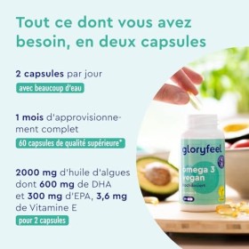 Oméga 3 Vegan Breveté, 2000mg Huile dAlgues Végétale & Vitamine E, Source dAcides Gras DHA 600mg + EPA 300mg, Santé Cardiaq