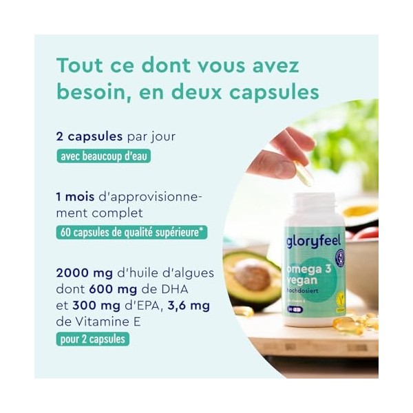 Oméga 3 Vegan Breveté, 2000mg Huile dAlgues Végétale & Vitamine E, Source dAcides Gras DHA 600mg + EPA 300mg, Santé Cardiaq
