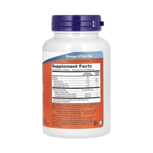 Now Foods - Omega-3 Molecularly Distilled | Huile de Poisson Pure pour la Santé Cardiaque et Cérébrale - 100 Softgels