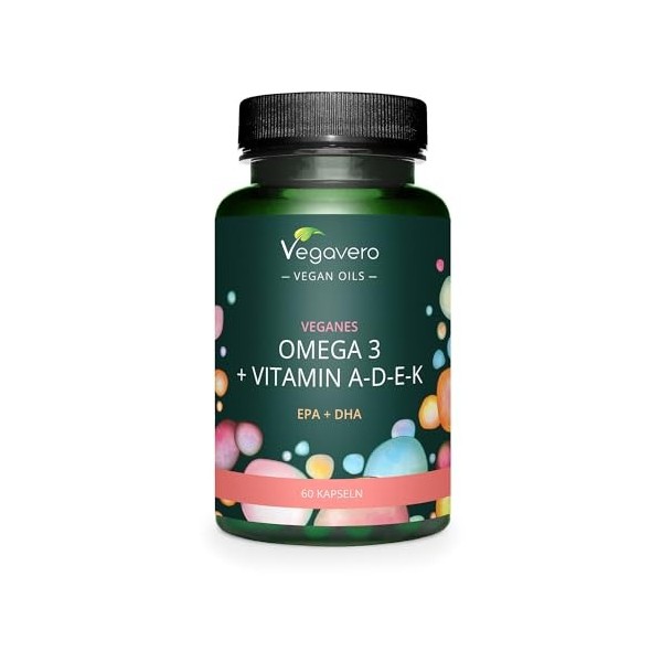 Omega 3 + Vitamines A, D3, E, K2 | Unique et VEGAN | Avec EPA et DHA | Qualité Premium : lifes™ OMEGA | Santé Cardiovasculai