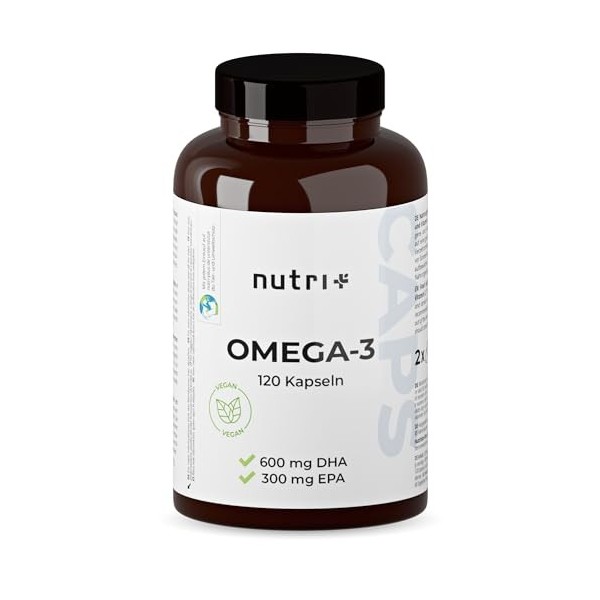 Nutri+ Vegan Omega-3-2000 mg dhuile dalgues hautement dosé avec 600mg DHA & 300mg EPA - gélules végétaliennes oméga-3 de ha