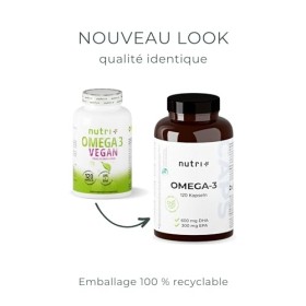 Nutri+ Vegan Omega-3-2000 mg dhuile dalgues hautement dosé avec 600mg DHA & 300mg EPA - gélules végétaliennes oméga-3 de ha