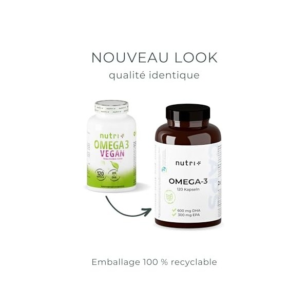 Nutri+ Vegan Omega-3-2000 mg dhuile dalgues hautement dosé avec 600mg DHA & 300mg EPA - gélules végétaliennes oméga-3 de ha