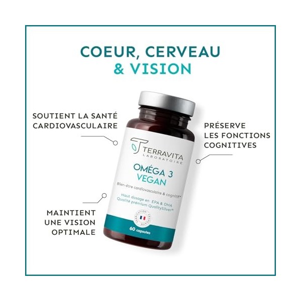 Oméga 3 Vegan | Huile Brevetée OmegaVie® issue de la microalgue Schizochytrium | 300 mg de DHA et 150 mg d’EPA par Capsule | 
