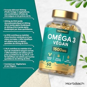 Omega 3 Vegan 1500 mg | Dérivé Huile dAlgues | Source de DHA et dALA | 60 Gélules Végétaliennes | par Horbaach